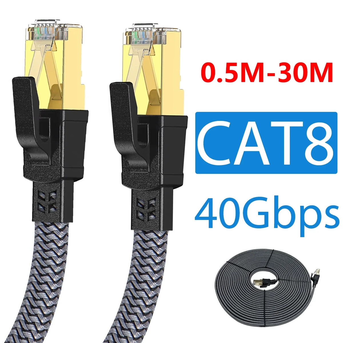 CAT8 Ethernet Cable 40Gbps Flat Nylon Braided Network Cord LAN Wire RJ45 Router Cable For PC Modem Laptop PS5 Cat 8 Cord 5M 10M