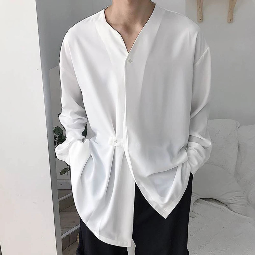 2023 Black Net Shirt for Men Short Bulk Shirts Men Male Casual Loose Lrregular Shirt Collarless Long Sleeve Shirt Korean Shirt