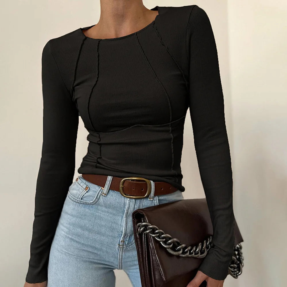 2025 Lady shirt Fall Winter Women's Slim Fit Casual Round Neck Basic Pullover Chest Shape Stitching Long Sleeve Sports Shirt