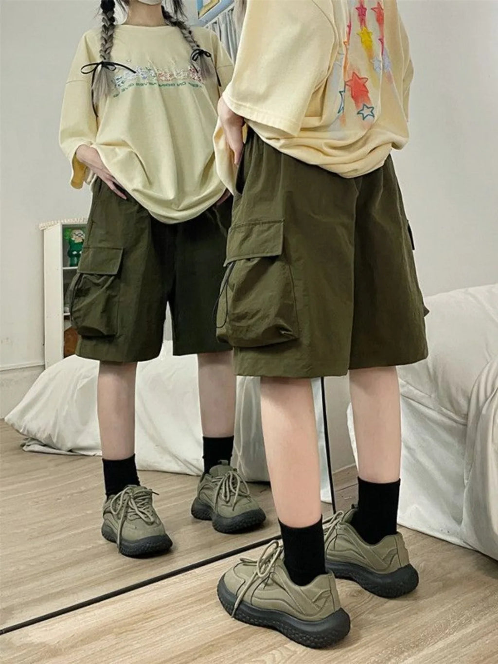 Women High Waist Cargo Shorts American Style Streetwear Summer Wide Leg Pants Fashion Female Big Pocket Loose Shorts