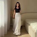 Polka Dot Maxi Skirt High Waist Front Ruched Shirred Detail Flowy Flared Ruffle Hem Mermaid Long Skirt For Beach Vacation