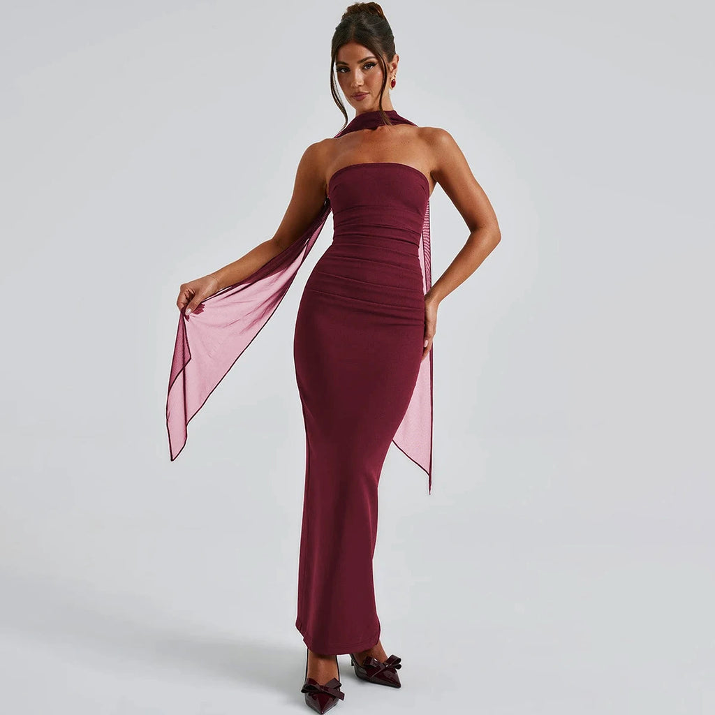 Hugcitar Elegant Scarf Strapless Solid Mesh Gloves Sexy Bodycon Maxi Prom Dress Women Fashion Y2K Outfits Wedding Party Birthday