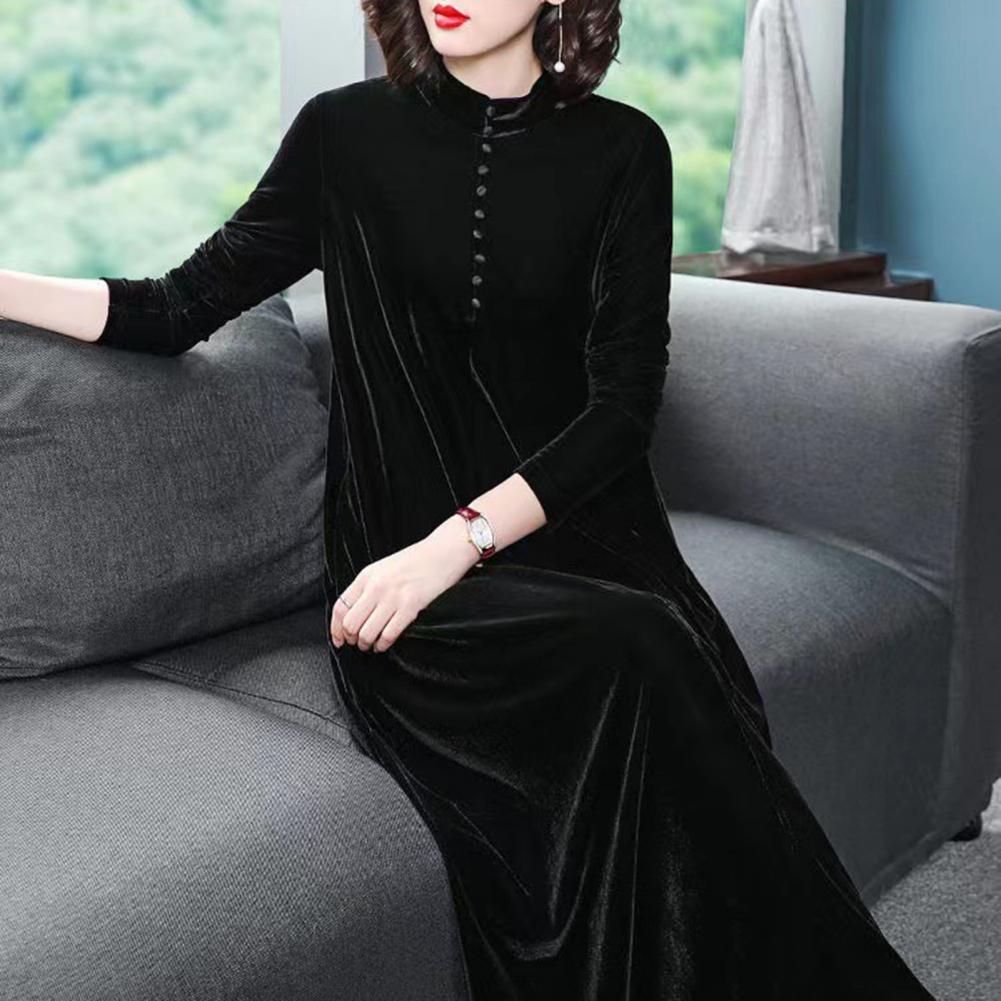 Women Fall Dress Solid Color Loose Long Sleeves Button Maxi Dress Keep Warm Velvet Mom Spring Dress Women Clothes
