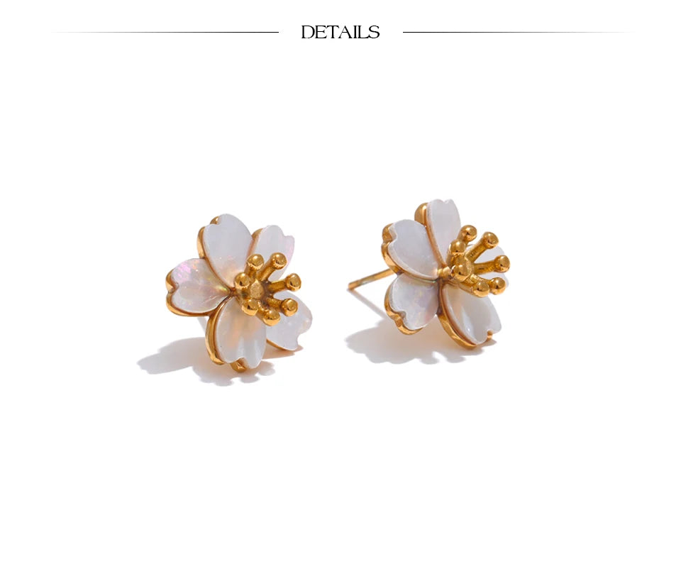Yhpup High Quality Natural Shell Flower Golden Daily Stud Earrings for Women Prevent Allergy Stainless Steel Exquisite Jewelry