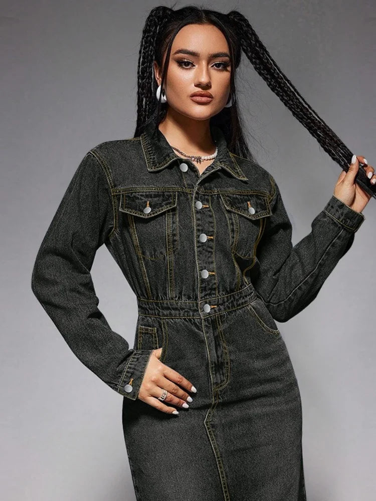 Wmstar Denim Dresses Women Long Sleeve Casual Button Pockets Maxi Dress Fall Clothes Fahion Streetwear Wholesale Dropshipping