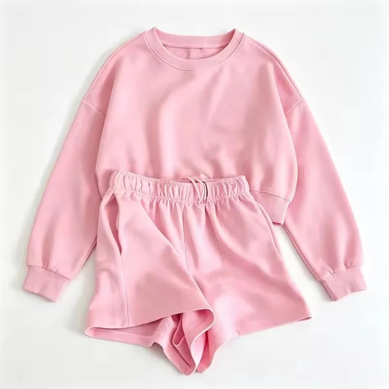 spring autumn Womens Round neck long sleeve Sweatshirt Two Piece Set Casual Sweatshirt+shorts Womens suit Daily Womens Tracksuit
