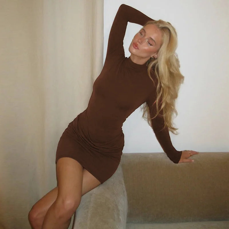 Hugcitar Women Elegant Turleneck Long Sleeve Ruched Sexy Bodycon Mini Dress Autumn Women Clothes Streetwear Party Festival