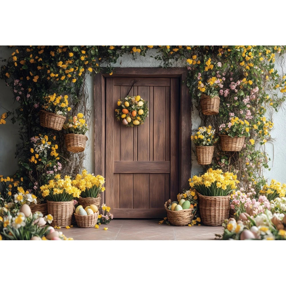 Happy Easter Day Photography Background Blue Wood Board Easter Egg Spring Flower Rabbit Kid Birthday Portrait Photocall Backdrop