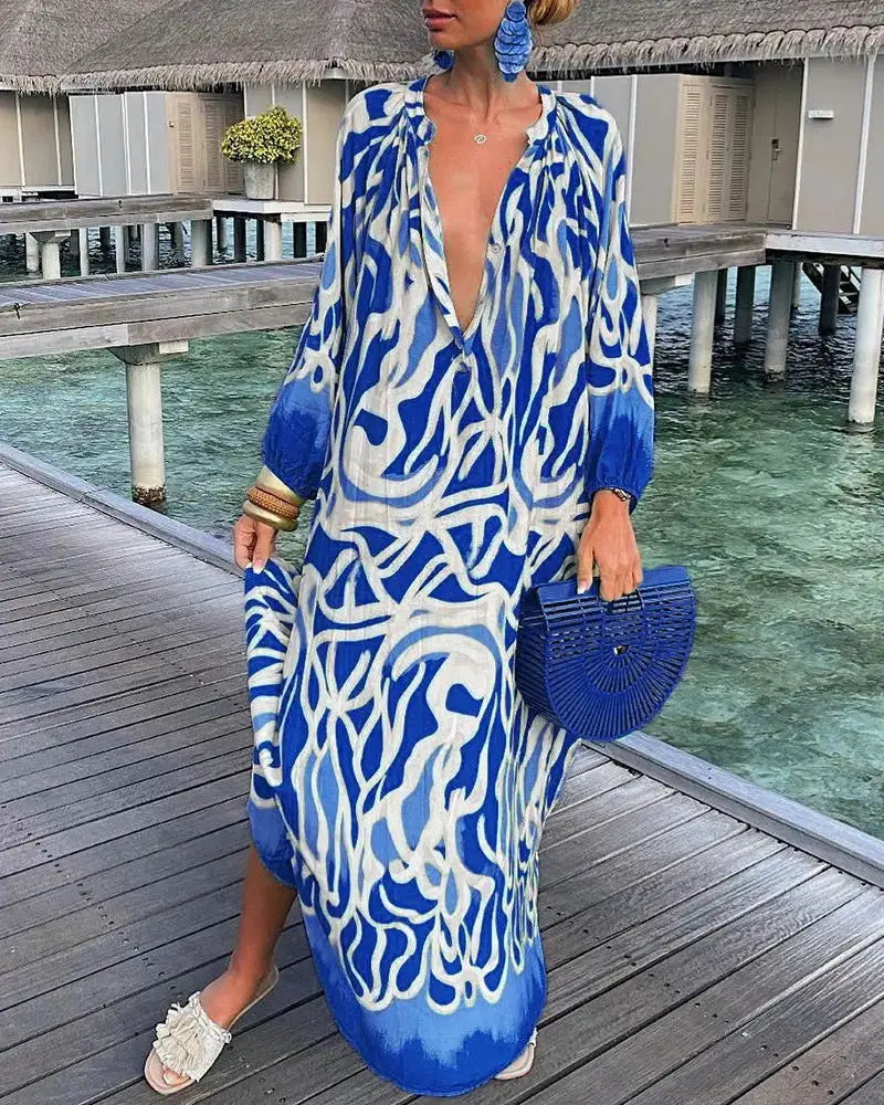 Autumn Women's Print Casual Dress New Fashion V-neck Long Sleeve Loose Holiday Party Long Dresses For Women Robe Femme 2024