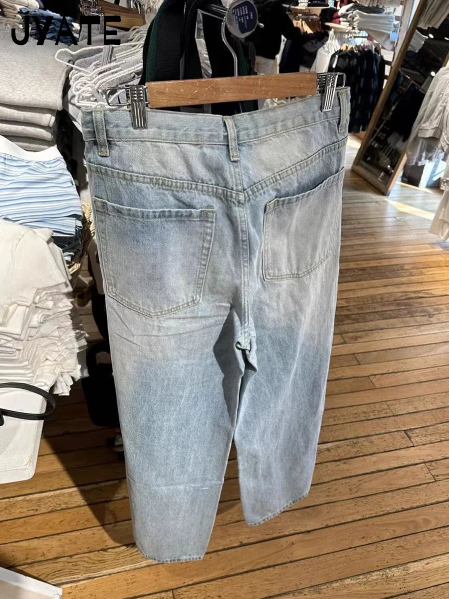 American Vintage Distressed Jeans Women Summer High Waist Pockets Straight Denim Pants Streetwear Loose Retro Baggy Trousers Y2K