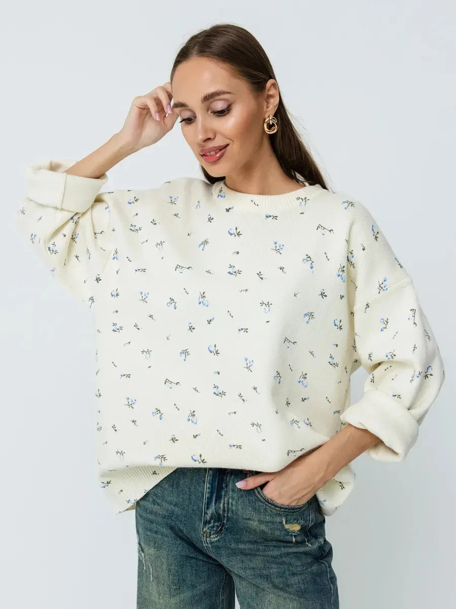 Women's Cream White Floral Print Longline Knit Sweater Crew Neck Relaxed Fit Cardigan with Flowers Fall Winter Boho Chic