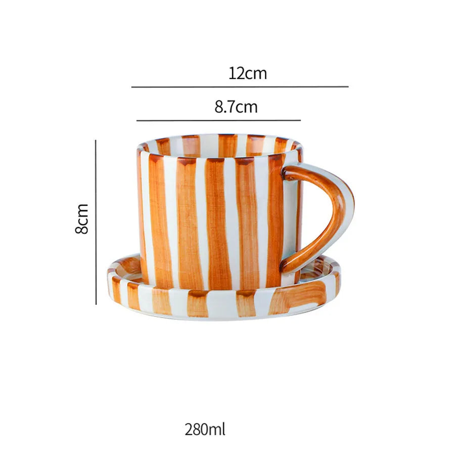 280ml/9.5oz afternoon tea coffee cup, Minimalist striped hand drawn cup and plate set, ceramic milk coffee cup, household drinki