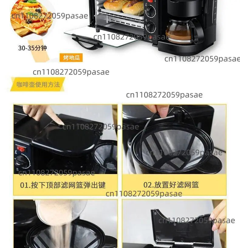 Three-in-one Breakfast Machine, Household Multi-functional Electric Oven, Coffee Machine, Grilling and Frying in One