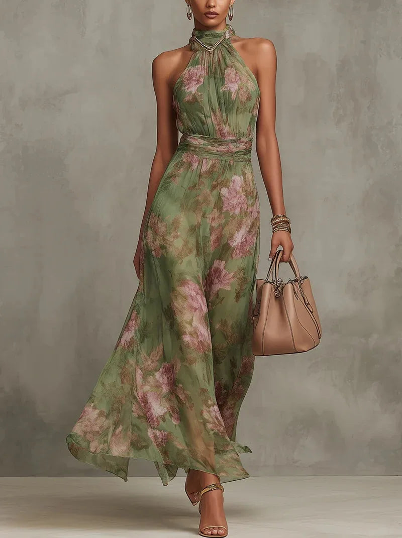 new Flower Print Women's Sleeveless Halter Maxi Dress Summer Fashion High Neck Ruched Waist Elegant Chic Holiday Party Dress