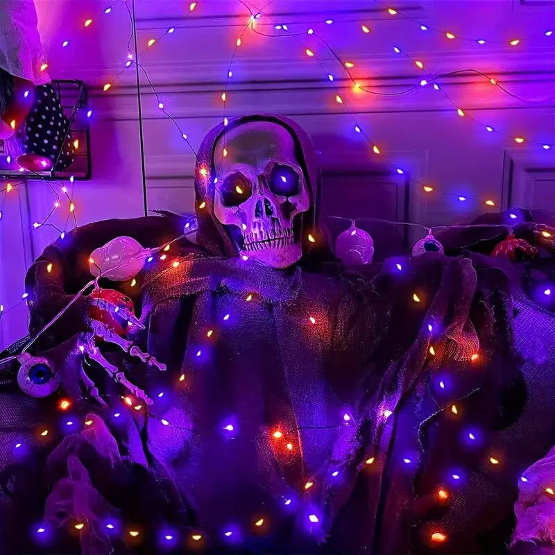 45.93ft 120LED Halloween Purple Orange LED Solar Fairy Lights Outdoor Waterproof Hanging Garden Light Fence Terrace Porch Decor