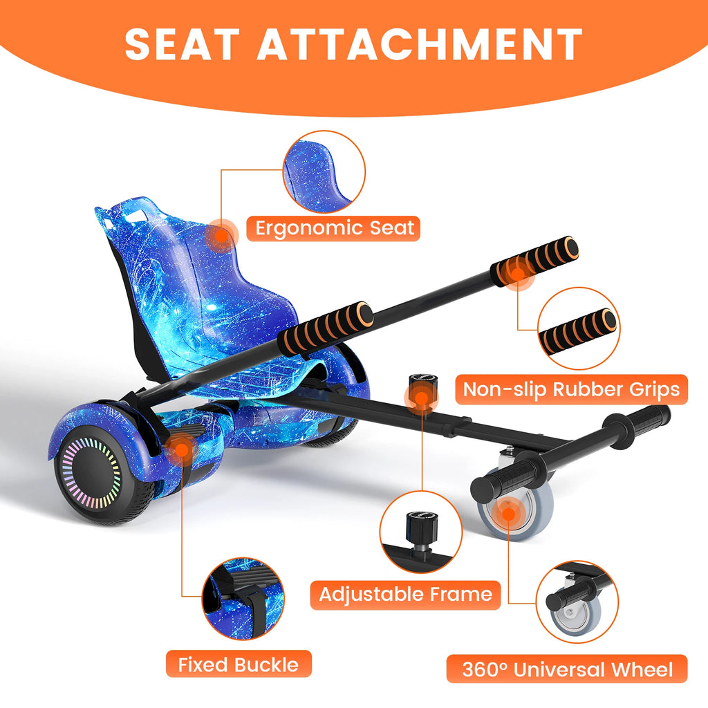 Scooter with Adjustable Seat Attachment, 6.5" All-Terrain Self Balancing Scooter, LED Lights & Bluetooth for Kids and Adults, Black