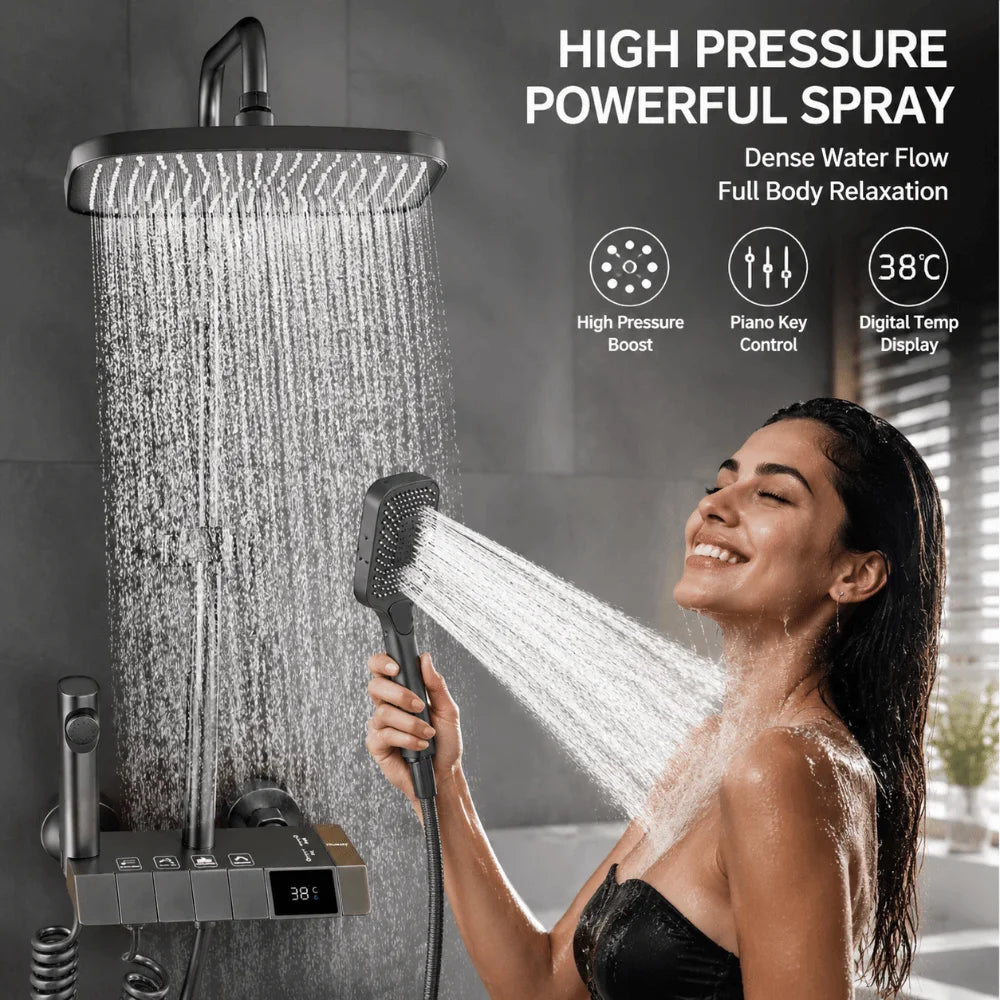 Grey Shower System Intelligent Piano Button Digital Shower Faucet Set Temperature Display High Pressure Rainfall Shower Set