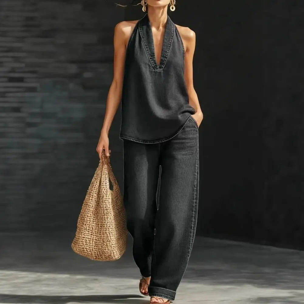 Women Sleeveless Denim Suit  Halter Denim Set For Women Sleeveless Tank Top And Wide Leg Pants Sets Summer Two Piece Outfits