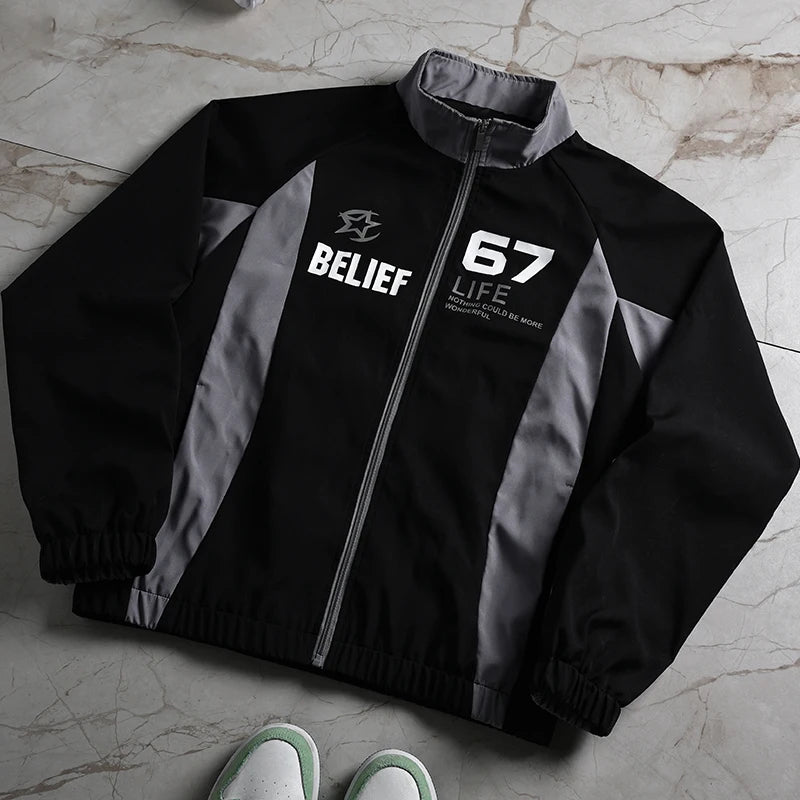 Men Black Gray Racing Windbreaker Number Letter Print Zip Up Loose Street Jacket