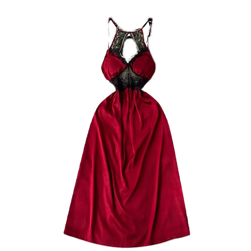 CHILLGIO Women Lace Satin Spaghetti Strap Dress Sexy Hollow Fashion Nightwear Nightgowns Ins Hot A Line Nightie Pajamas Sundress