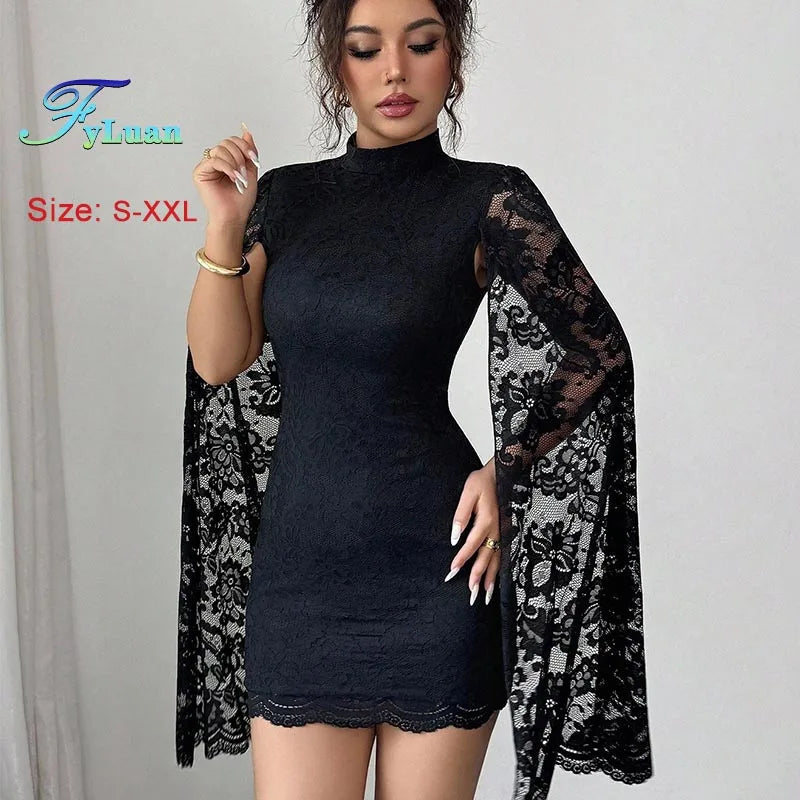 2025 New Women Mini Dress Fashion Lace Stand Collar Long Sleeves With Slits Bodycon Dress Sexy Nightclub Party Prom Slimmin Gown