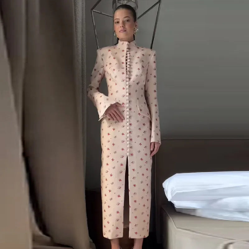 Trendy Floral Print High Neck Midi Dress For Women Chic Long Sleeve Button Front Sheath Dresses Office Party Commuting Clothes
