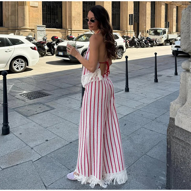 Halter Vertical Striped Fringe Two Piece Set Sleeveless Tank Top Loose Wide Leg Pants Women 2026 Summer Holiday Beach Chic Suit