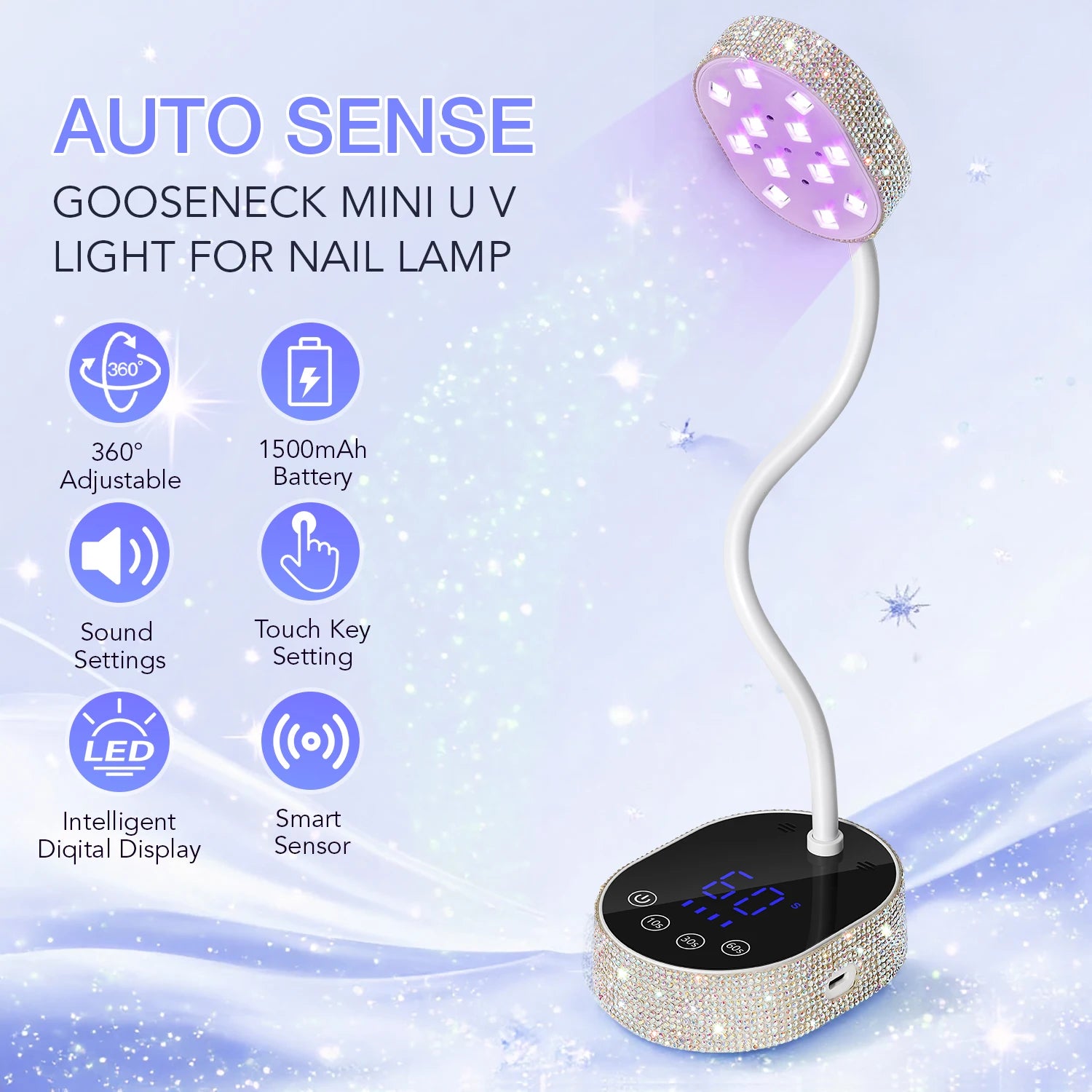 Wireless UV LED Nail Lamp 36W Rechargeable Mini Gel Dryer with Auto Sensor Timer and 360° Rotating Neck for Manicure on the Go