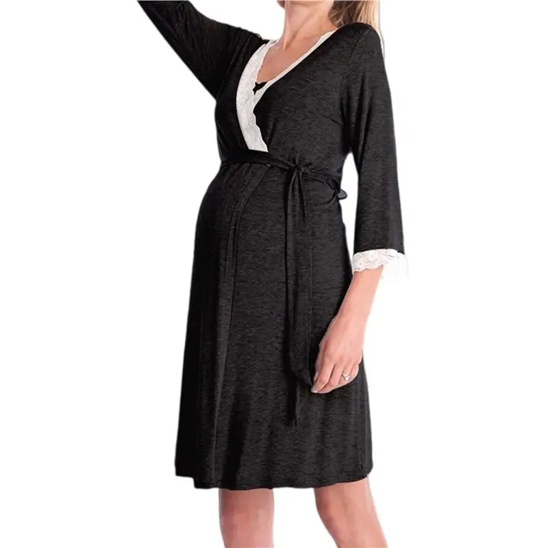 Women's Maternity Robe Pregnancy Breastfeeding Bathrobes Labor Delivery Nightgowns Black S