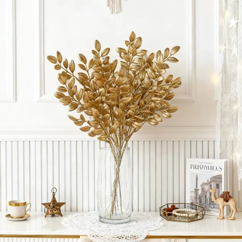 10Pcs Artificial Plants Golden Leaves Festival Home Room Table Decora Outdoor Wedding Garden Yard Garland Wreath DIY Gifts Prop