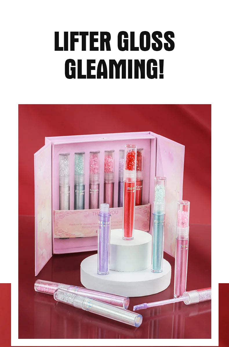 Pearlized Diamond Lip Oil Gloss Set 6 Shades Waterproof Moisturizing High Shine Lipgloss Luxe Gift Box for Women