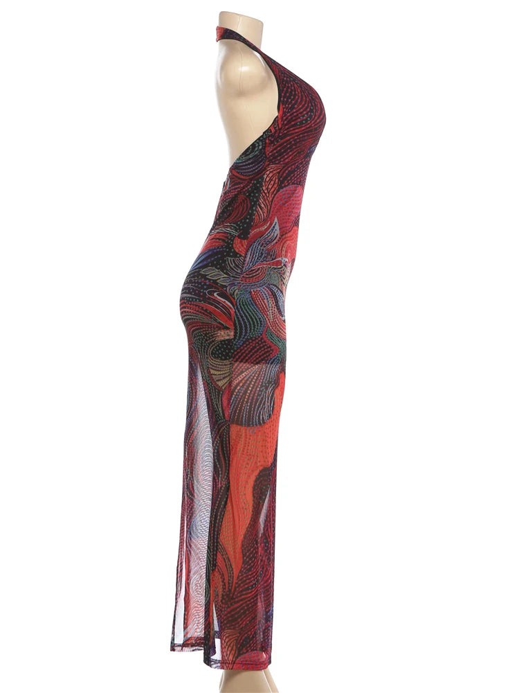Sexy Long Dress Woman Colorful Print Halter Low-Neck Backless Sleeveless Splits Hem Midnight Club Party Vestidos