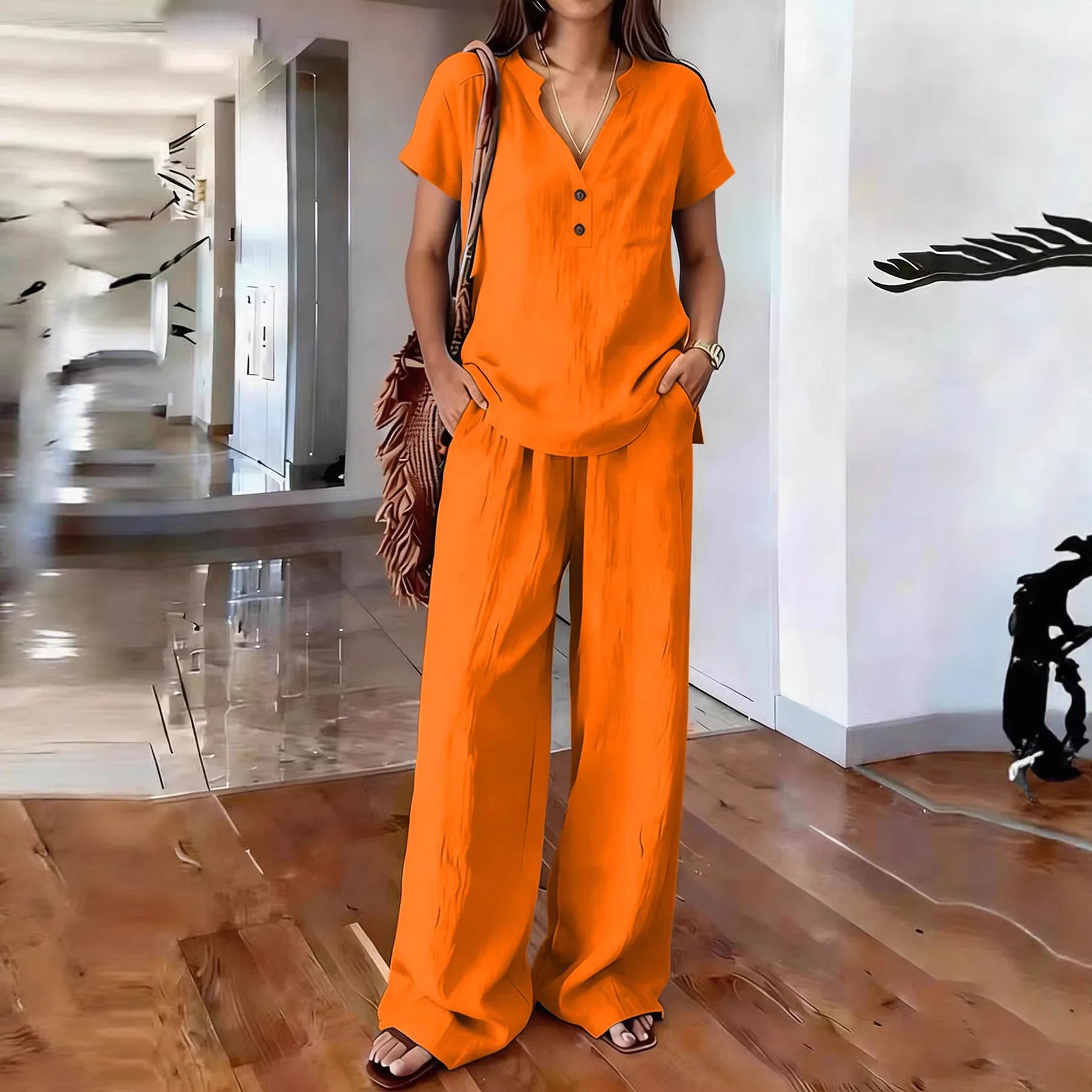 Solid Color Casual Loose Pants Sets For Women 2026 Elegant Summer Women's Two Pieces Suit Full Trouser Set Female Outfit Clothes