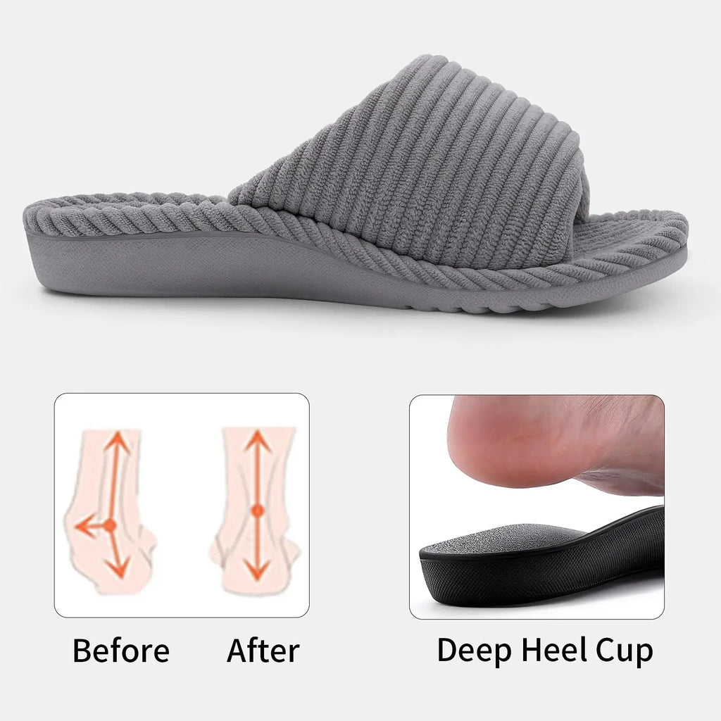 Evshine Women Fuzzy House Slippers with Arch Support Indoor Open Toe Corduroy Slides Adjustable Strap Bedroom Orthopedic Shoes