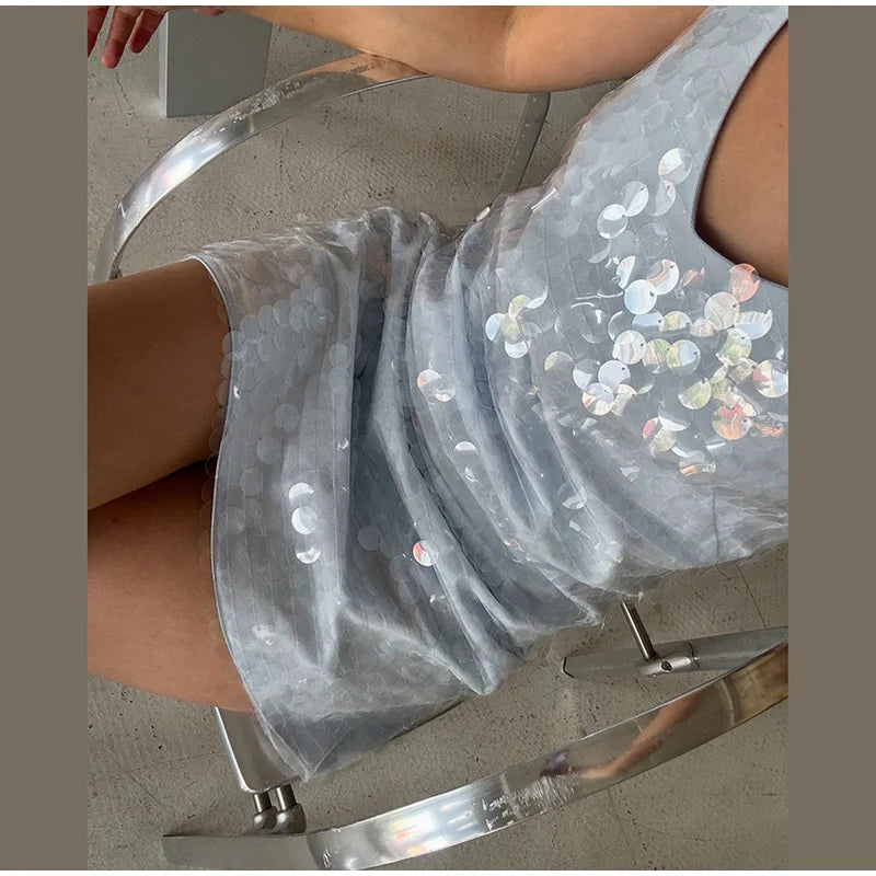 Sexy Lace Sequined Patchwork Dress Women Solid Sling Hollow Out Female Mini Dresses 2026 Summer Autumn Beach Fashion Lady Robe