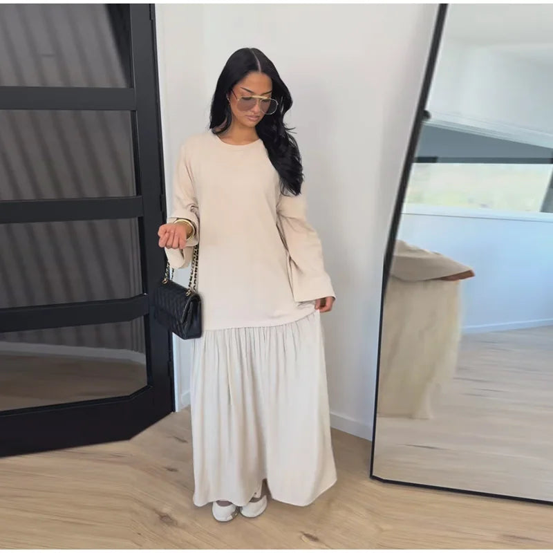 Solid Color Loose Fit Flare Sleeve Tiered Dress Crew Neck Ruffle Hem Pleated Long Maxi Dresses 2026 Spring Chic Casual Outwear