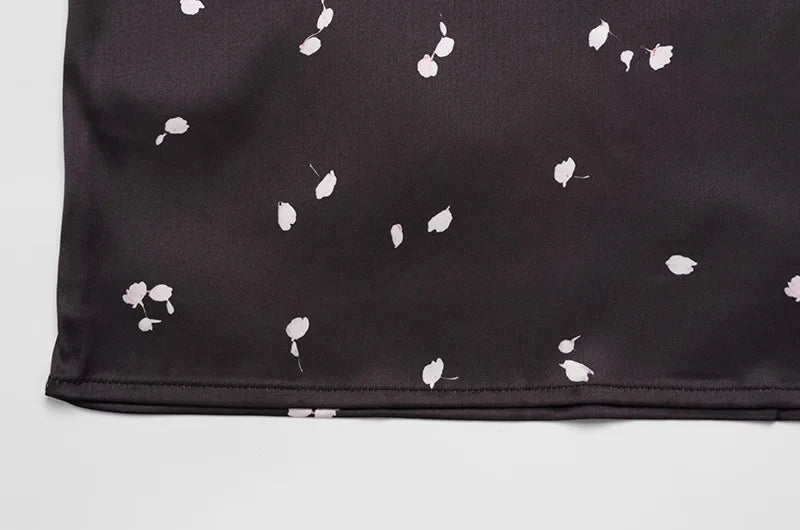 Satin Lace Patchwork Print Dress Women Black V-neck Short Sleeves High Waist Long Dresses Lady Hollow Out Daily Party Vestidos