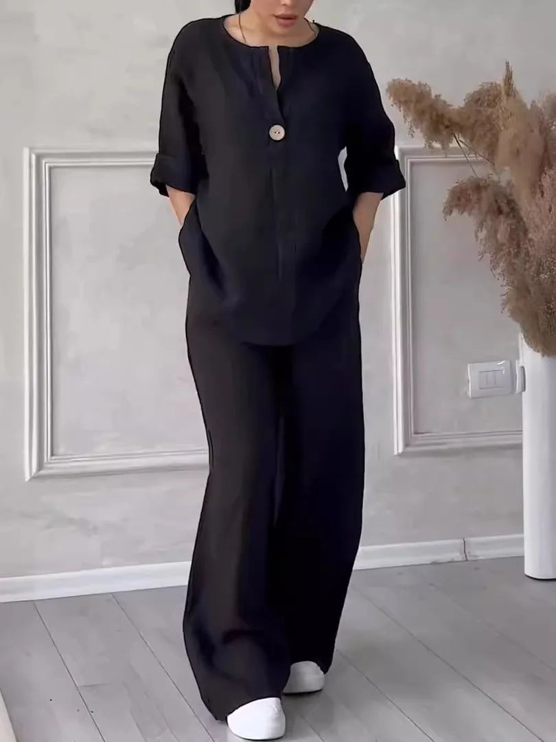 Fashion Solid 2 Piece Pant Sets Women Spring Autumn Buttons V-neck Long Sleeve T Shirt Wide Legs Trousers Two Piece Set Female