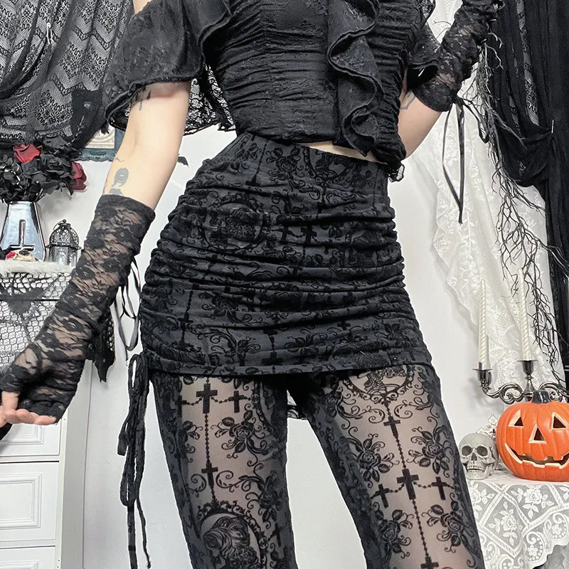 AltGoth Gothic Dark Flocking Pants Women Streetwear Aesthetic Emo Alt Grunge See Through Lace-up High Waist Flare Pants Female