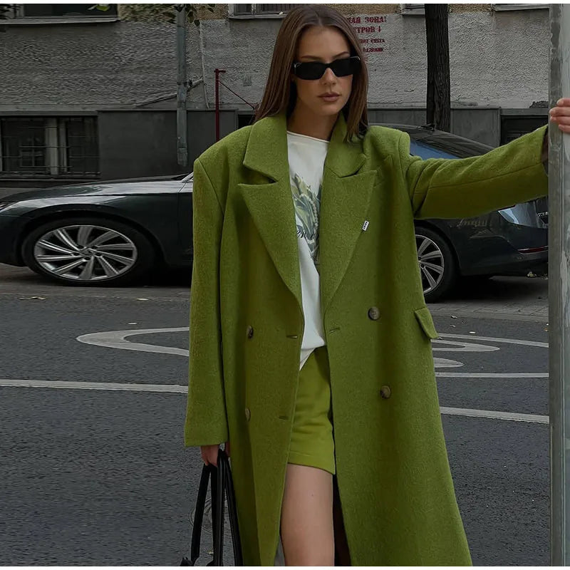 Chic Women's Woolen Overcoat Autumn Winter Solid Lapel Double Breasted Long Sleeve Long Coat 2026 Elegant Lady Street Outwear