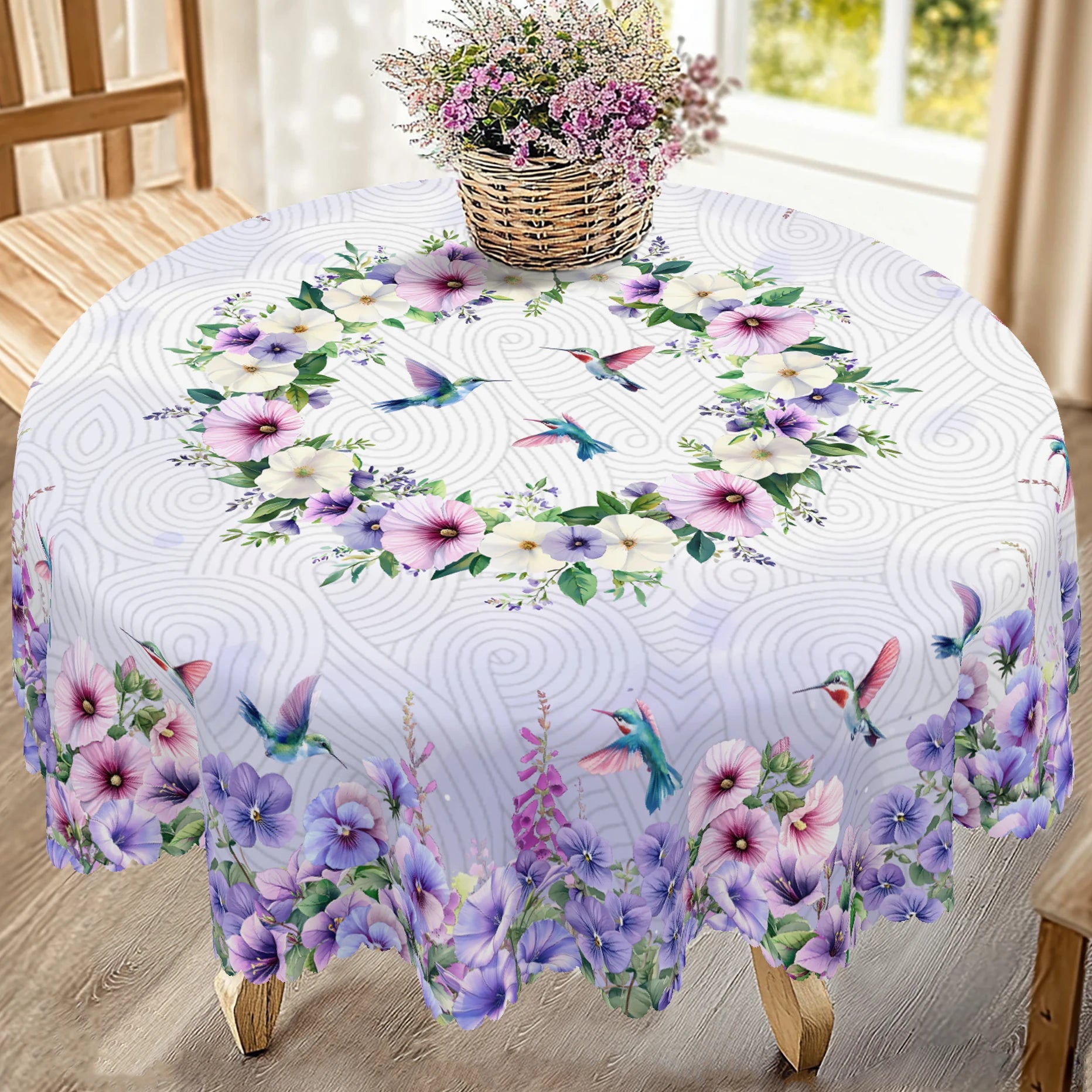 1 Piece, Purple Morning Glory Hummingbird Tablecloth + 4 Tablecloth Stickers, Morning Glory and Hummingbird Pattern Design, Holiday Table Decoration Cloth, Round/Rectangular Tablecloth, Suitable for Home Decoration, Room Deco
