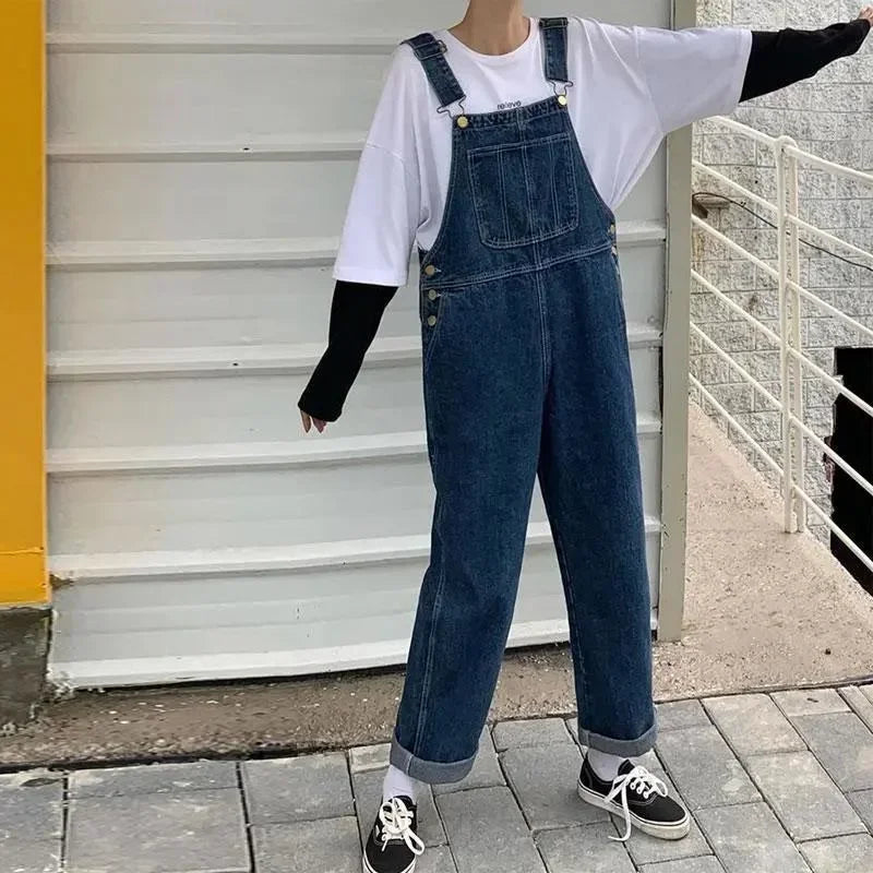 Korean Loose Denim Overalls Women Spring Autumn Straight Wide Leg Jeans Vintage Suspenders Maxi Baggy Jumpsuits Men Woman S-5XL
