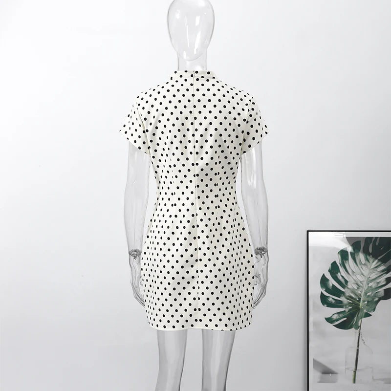 Fashion Lace Up Polka Dot Mini Dress Women Square Collar Short Sleeve Satin Party Dresses2026 Summer Lady Elegant Beach Robe New