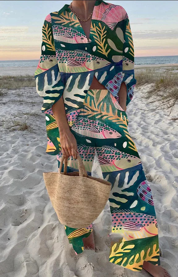 Fashion Print Beach Holiday 2 Piece Set Women Summer Short Sleeve Shirt Top Wide Legs Shorts Women's Oversize Two Piece Outfit