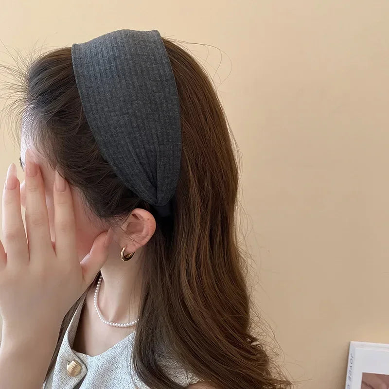 Solid Color Wide Edge Striped Yarn Headband High Head French Gentle Hair Accessory Popular Internet Celebrity Style