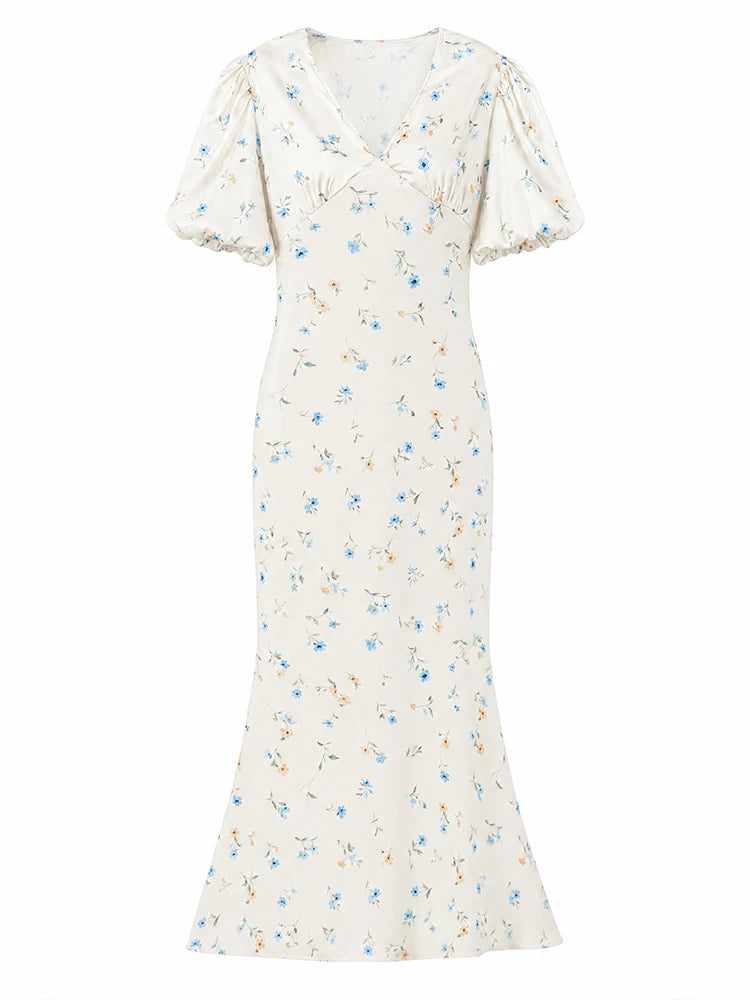 Printed Floral Print Elegant Long Dress For Women Short Sleeve V Neck Fashion Slim Dress Satin Commuting Banquet Female Dress