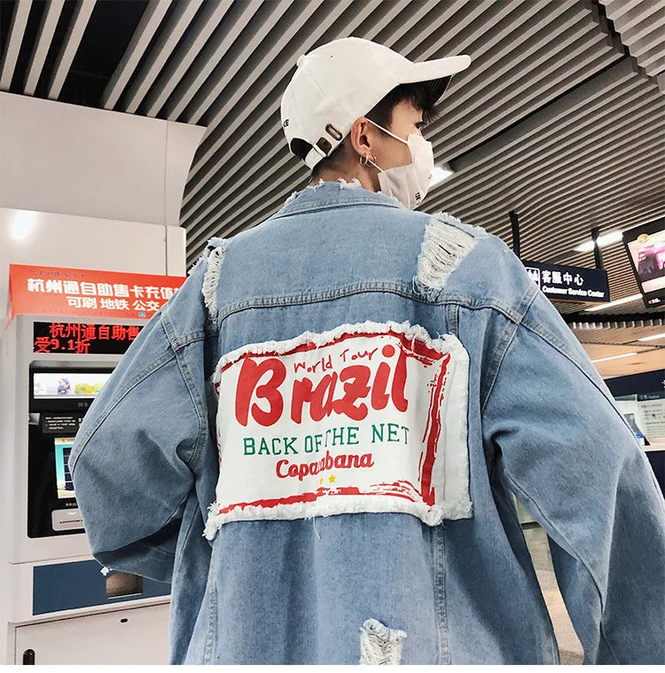 Customizable Men Denim Jacket Streetwear Hip Hop Men's Hooded Jean Jackets Male Casual Loose Outerwear Fashion Slim Fit Coat