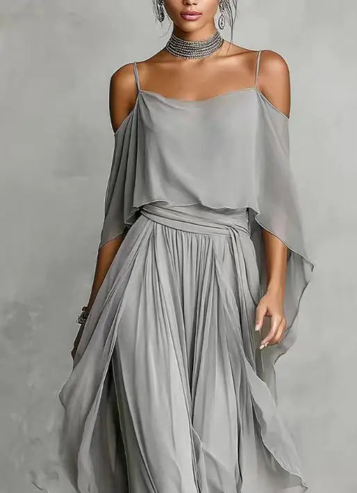 Solid Color Chiffon Two Piece Set Women Casual Off Shoulder Top & Long wide leg pants Set Ladies Elegant Party Suits Outfits