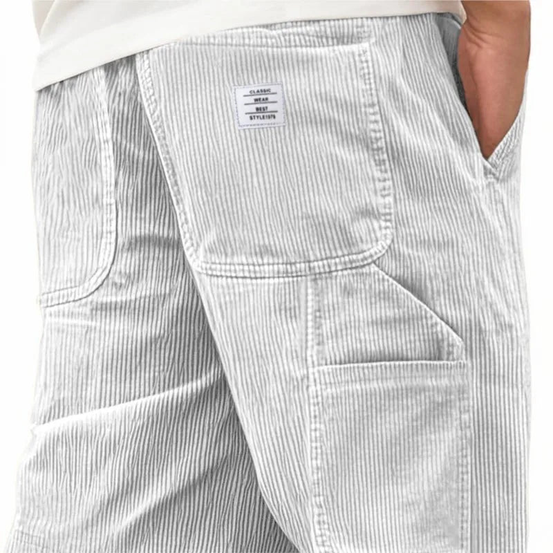 Men's Workwear Shorts Summer Casual Corduroy Loose Elastic Waist Multi-Pocket Leisure Pants Embroidery Retro Style Male Trousers