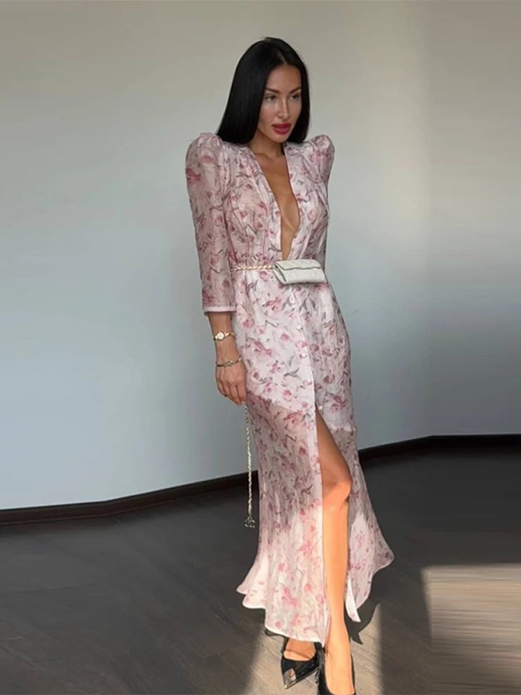 Fashion Printed Deep V Neck Women Slim Dresses Chic Long Sleeve High Waist Dress Summer New Beach Party Lady High Split Vestidos